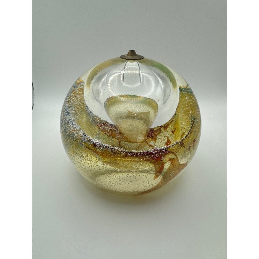 Vintage Hand-Blown Glass Paperweight Oil Lamp Citrine Intricate Swirls & Bubbles